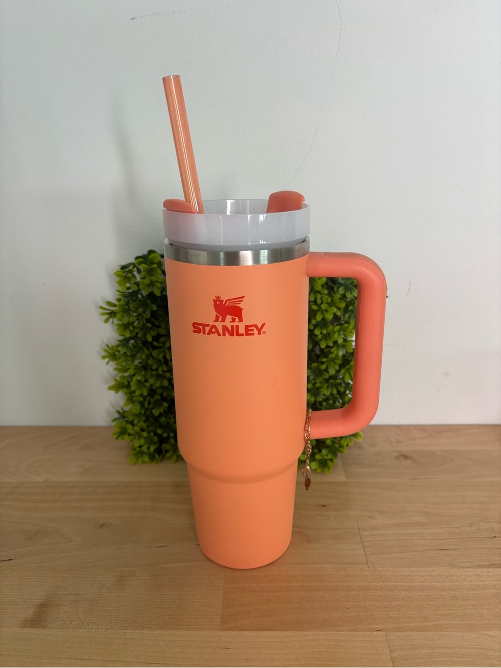 Stanley Coral Orange Travel Mug with Handle and Reusable Straw